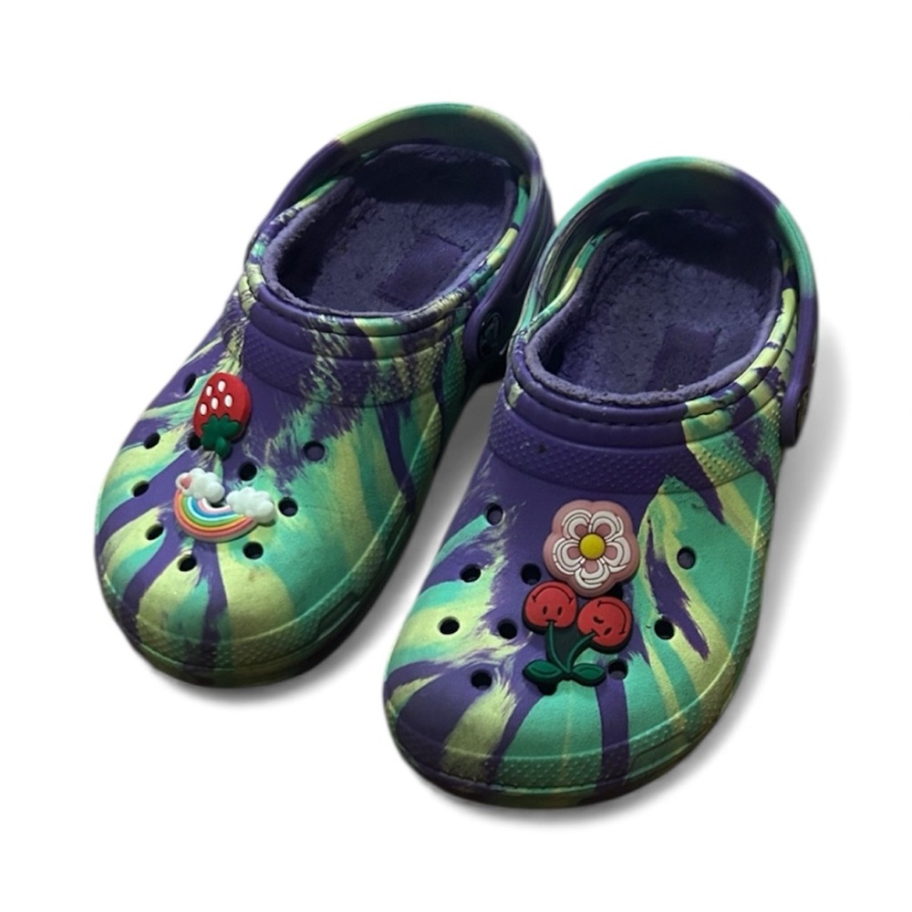 CROCS Kids Slippers in Green and Purple with Cute Charms